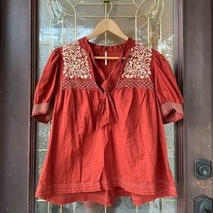Free People Dreaming About You Burnt Orange Embroidered Top